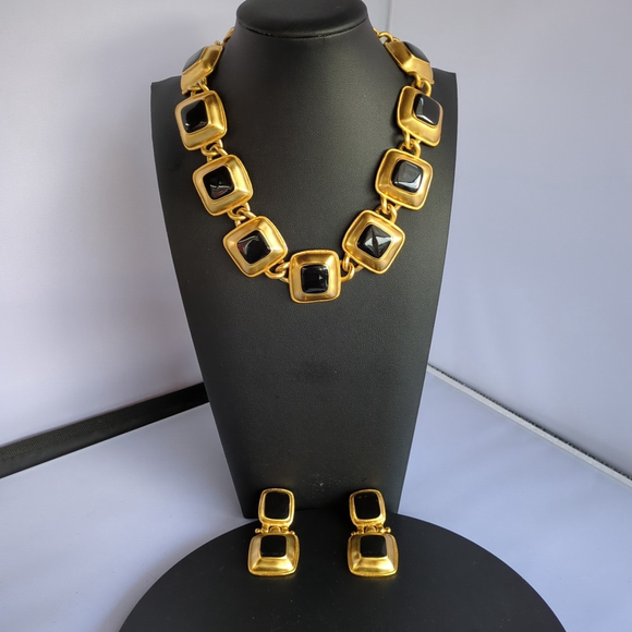 Anne Klein Jewelry - Vintage Anne Klein Black Enamel Chunky Necklace and Earrings